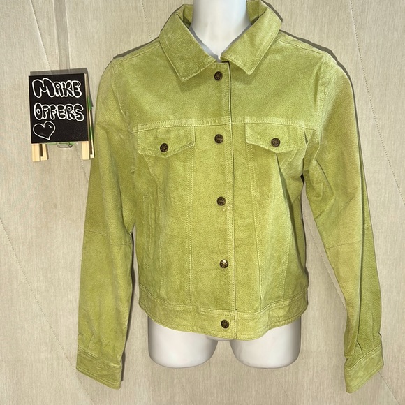 Carrie Allen Suede Sm S Lime Green Classic Denim Jacket Cut - Picture 1 of 9